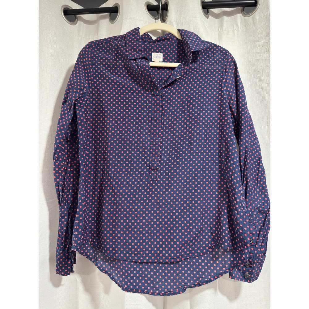 J.Crew‎ The Perfect Shirt Navy Blue Red Polka Dot Cotton Silk Blouse 21763 Small